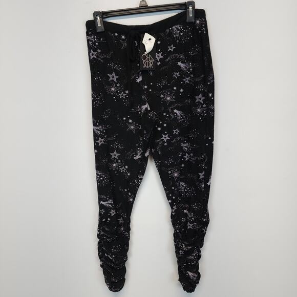 Chaser Star Print Shirred Jogger Pants Size M Bliss Knit Black Pull On Lounge - Picture 1 of 12